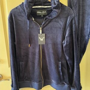 White Mark Navy Velour Zip-Up Hoodie Jacket